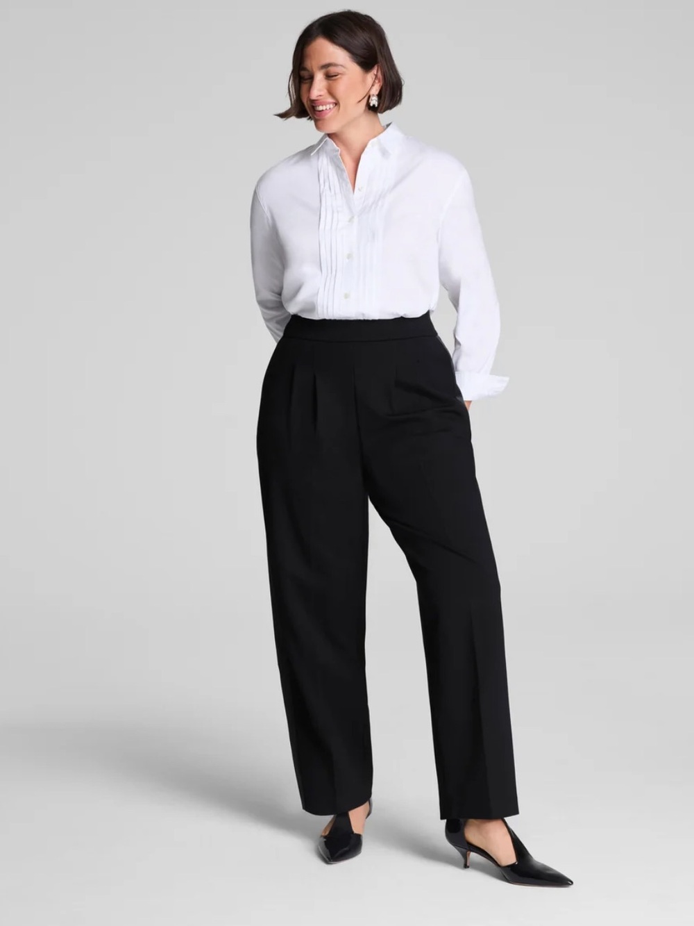 Spanx Trousers Ponte Pleated Barrel Leg Tuxedo Stripe in Black